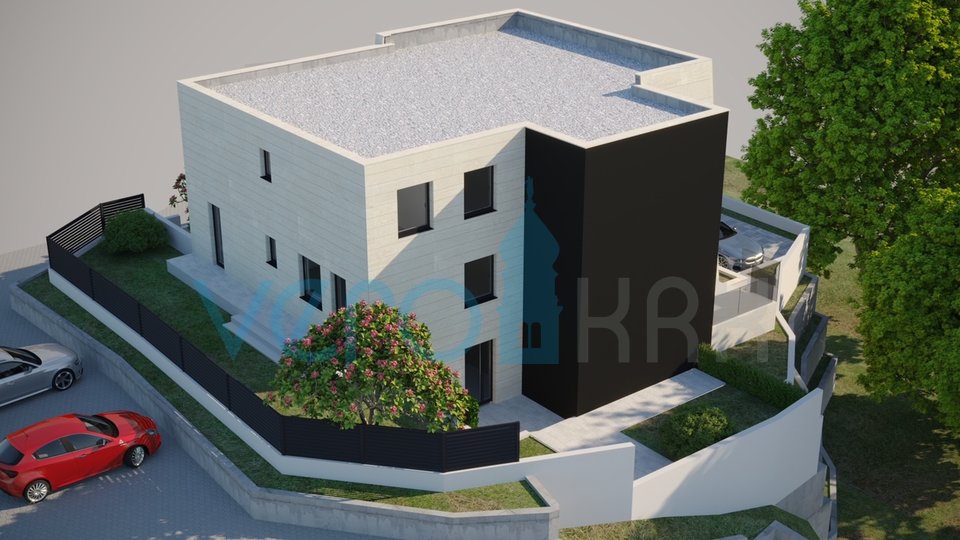 Malinska, Wohnung mit drei Schlafzimmern in einem neuen Gebäude mit Pool und Garten, 80 m vom Meer entfernt
