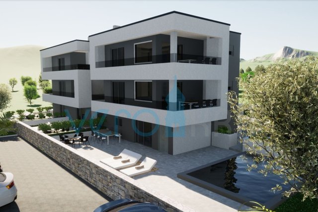 Malinska, dintorni, nuova costruzione, appartamento al 2° piano con giardino, piscina e vista mare