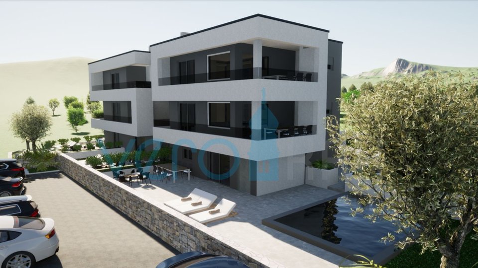 Malinska, dintorni, nuova costruzione, appartamento al 2° piano con giardino, piscina e vista mare