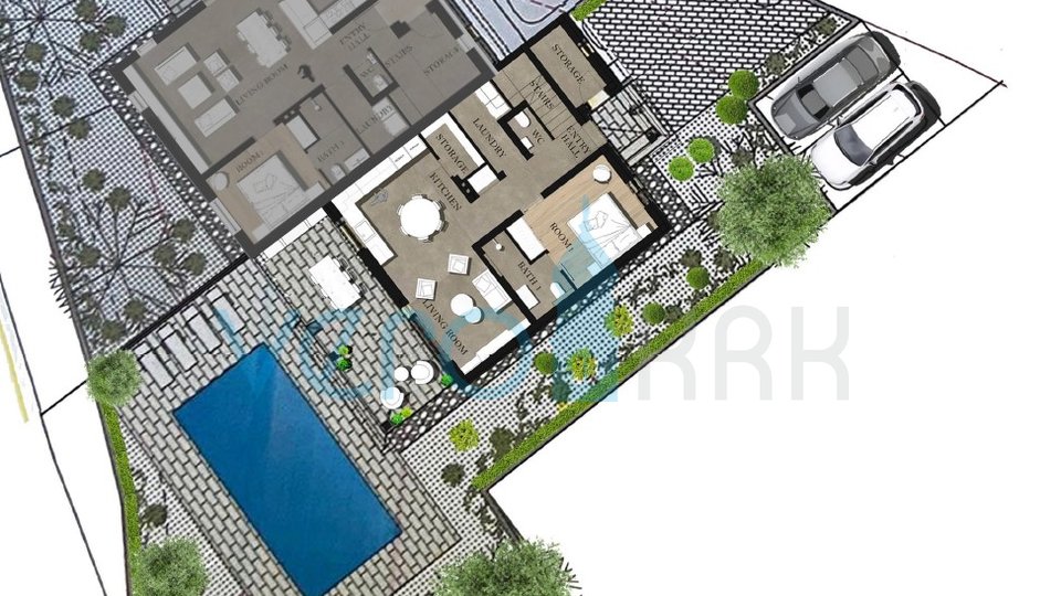 Grad Krk, šira okolica, dvojna kuća u novogradnji sa bazenom