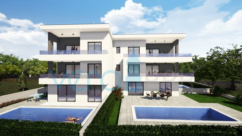 Malinska, new building, penthouse with sea view, swimming pool and one-bedroom apartment with garden, for sale
