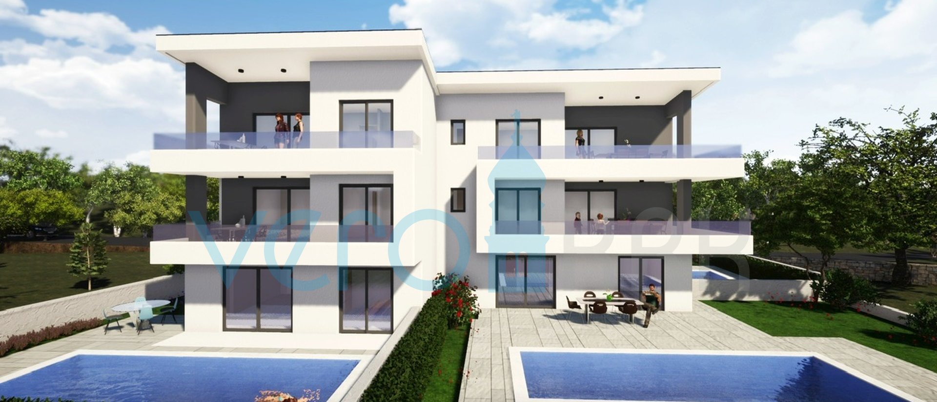 Malinska, Neubau, moderne Wohnung 83 m2 mit Swimmingpool und Einzimmerwohnung 45 m2 mit Garten, zu verkaufen