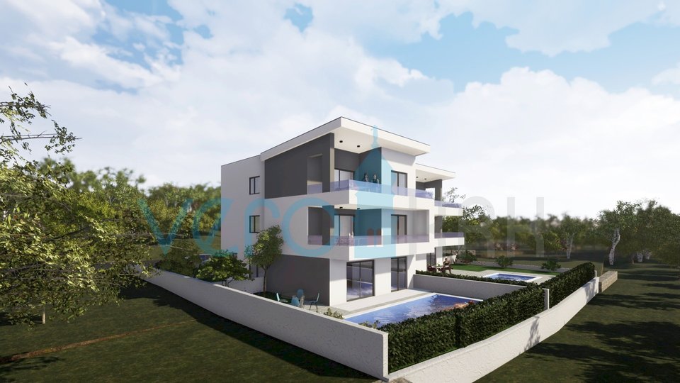 Malinska, new building, modern apartment 83 m2 with swimming pool and one-room apartment 45 m2 with garden, for sale