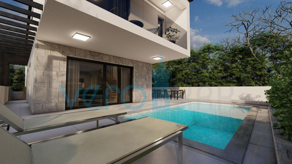 Malinska, Zentrum, neue Doppelhaushälfte 101 m2, Meerblick, Schwimmbad, zu verkaufen