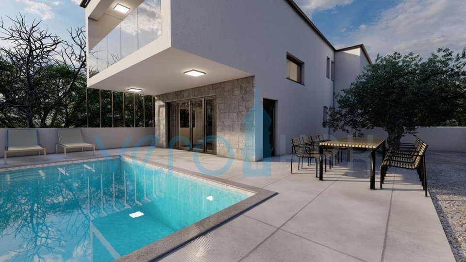 Malinska, Zentrum, neue Doppelhaushälfte 101 m2, Meerblick, Schwimmbad, zu verkaufen
