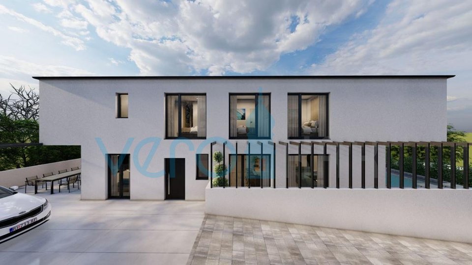 Malinska, centro, nuova casa bifamiliare 101 m2, vista mare, piscina, in vendita