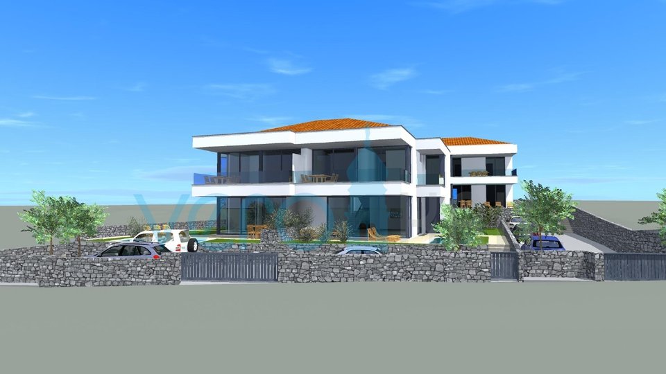 Otok Krk, Malinska, moderna novogradnja sa bazenom, okućnica, pogled, prodaja