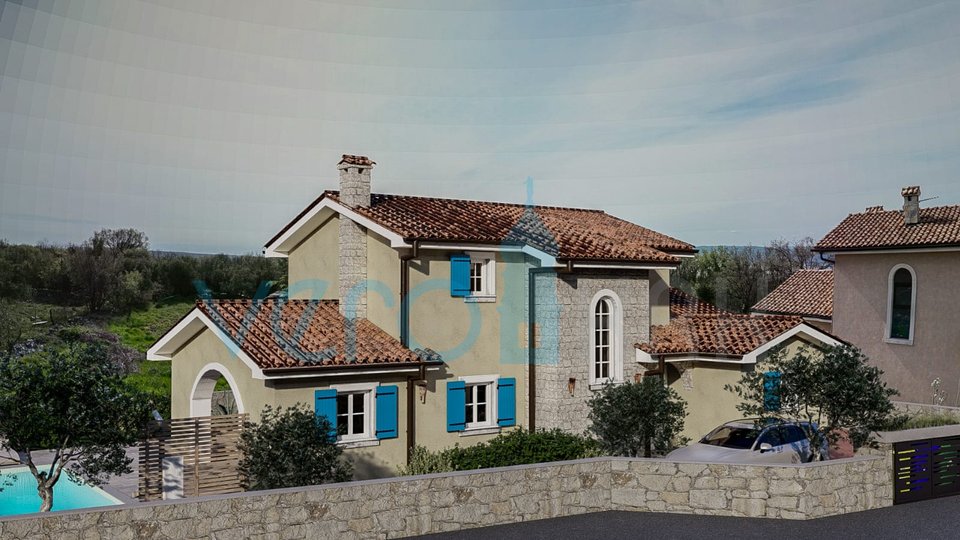 Città di Krk, dintorni, nuova casa in pietra con piscina e vista panoramica sul mare, in vendita