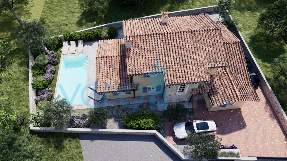 Città di Krk, dintorni, nuova casa in pietra con piscina e vista panoramica sul mare, in vendita