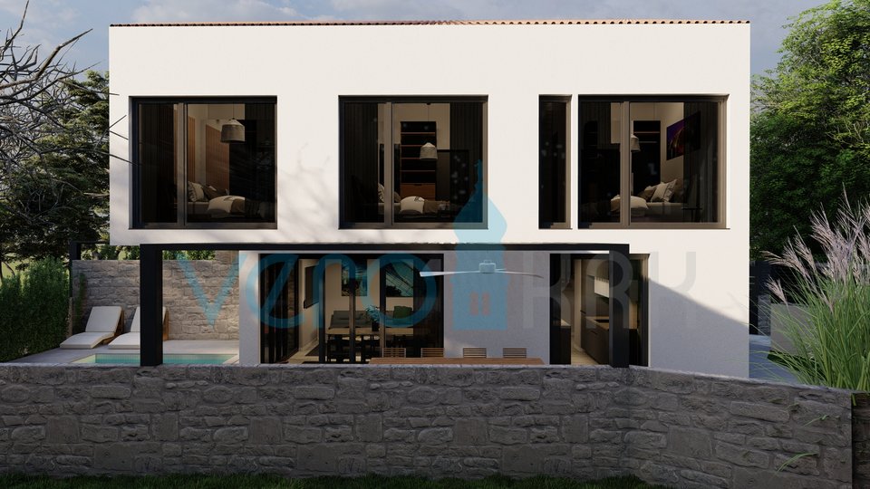 Malinska, center, newly built, semi-detached house with pool, sea view, garden, for sale