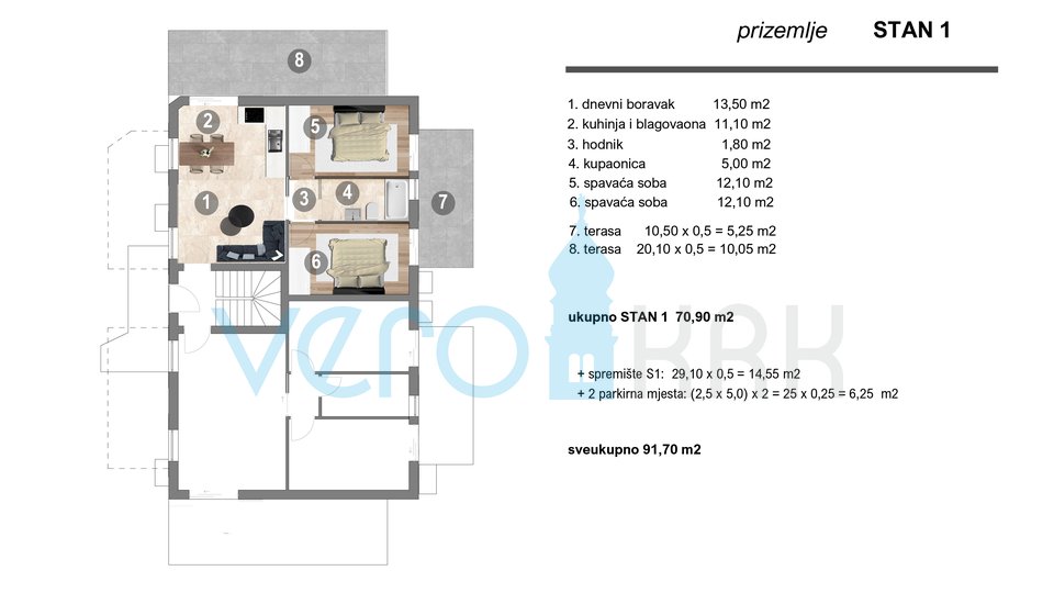 Island of Krk, Omišalj, 2-bedroom apartment on the ground floor with a parking space, new construction, sale