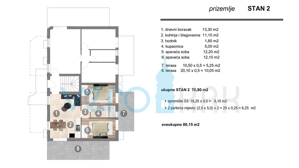 Island of Krk, Omišalj, 2-bedroom apartment on the ground floor with terraces and 2 parking spaces, new construction, sale