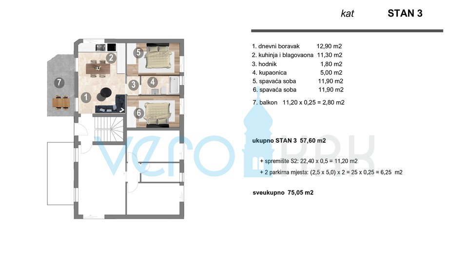 Isola di Krk, Omišalj, appartamento con 2 camere da letto al 1° piano con balcone e 2 posti auto, nuova costruzione, vendita