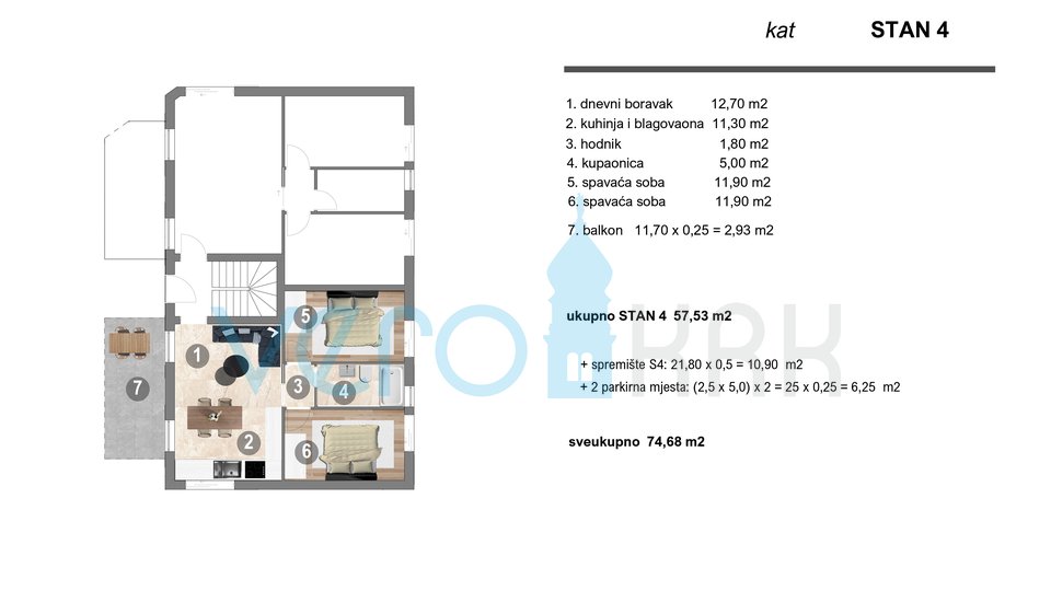 Isola di Krk, Omišalj, appartamento con 2 camere da letto al 1° piano con balcone e 2 posti auto, nuova costruzione, vendita